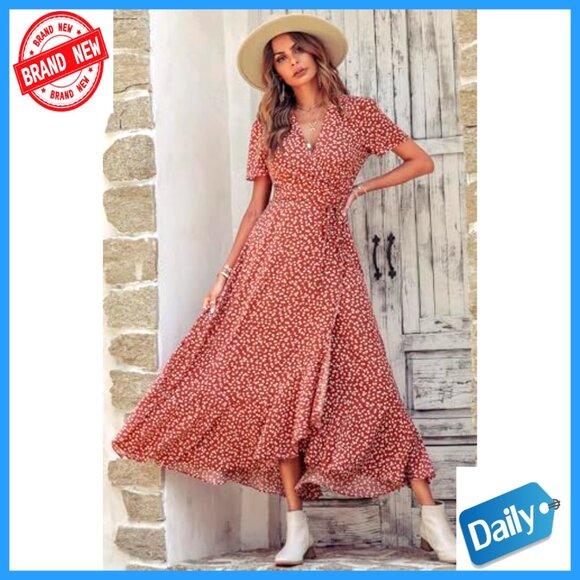 Boho Floral Maxi Dress Wrap V Neck Short Sleeve Flowy Summer Wedding Guest - Picture 5 of 7